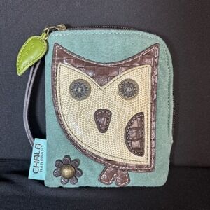 CHALA‎ Handbags Teal Suede Sewn Owl Bird Credit Card Holder Wallet Wristlet